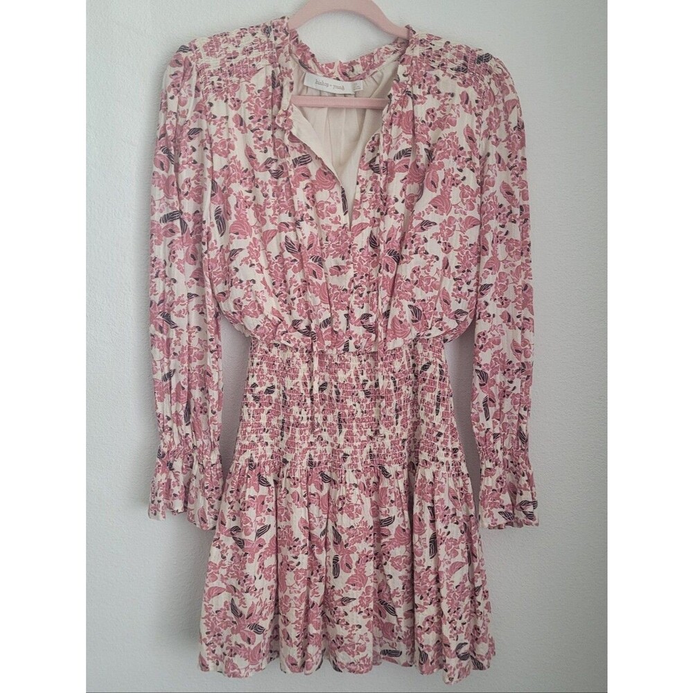 Bishop + Young Pink Floral Smocked Metallic Lurex Mini Dress Size XS Boho